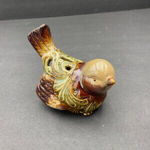 Vintage Ceramic Bird Figurine Brown Green Hollow Cut Outs‎ Chickadee Glossy